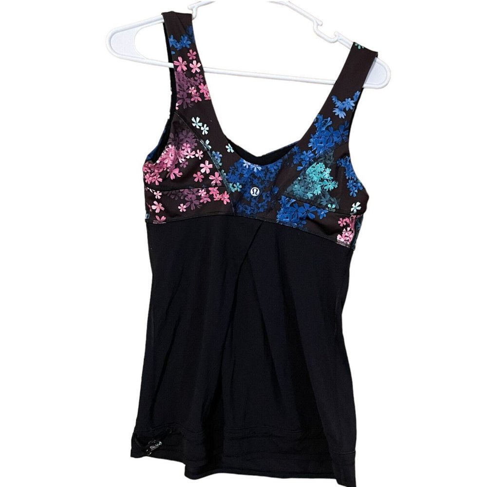 Lululemon Tame Me Petal Pop Mesh Cinch Hem Tank Top Womens Sz 6 Floral Black